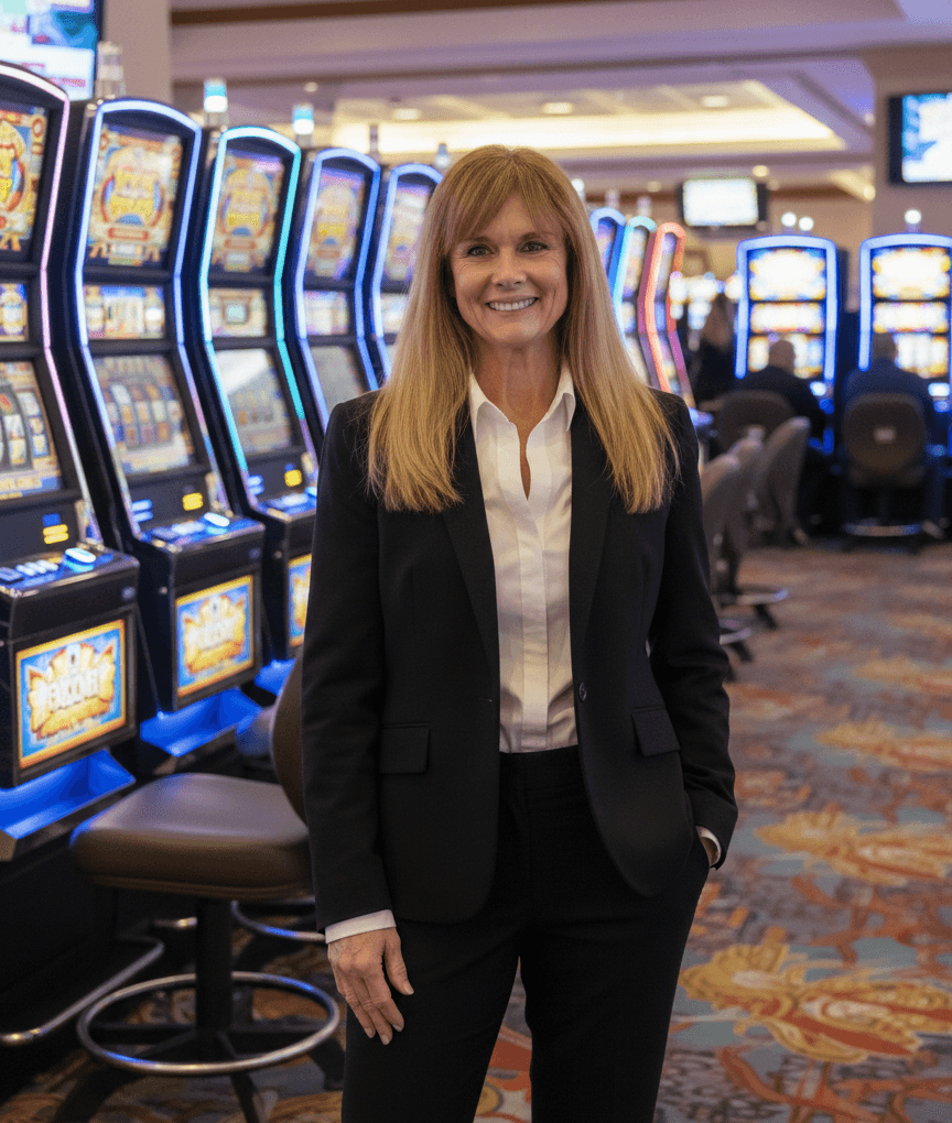 Casino Lead Carrie Nicholas standing near slot machines on the casino floor