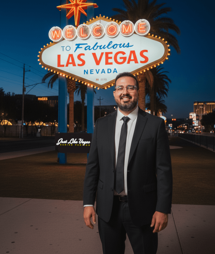 Casino Lead Jesse Bonilla standing in front of the Las Vegas sign at night