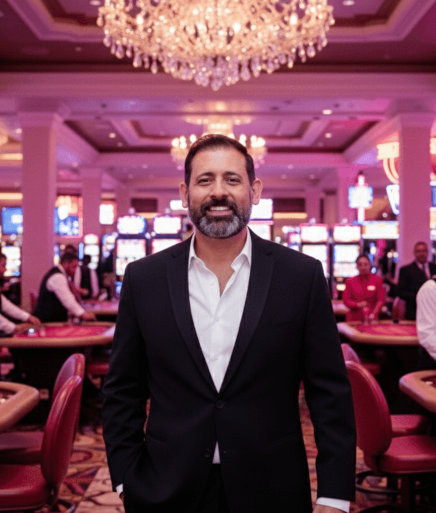 Owner and General Manager of Just Like Vegas Casino Parties Mark Guzman standing in front of some game tables in a casino