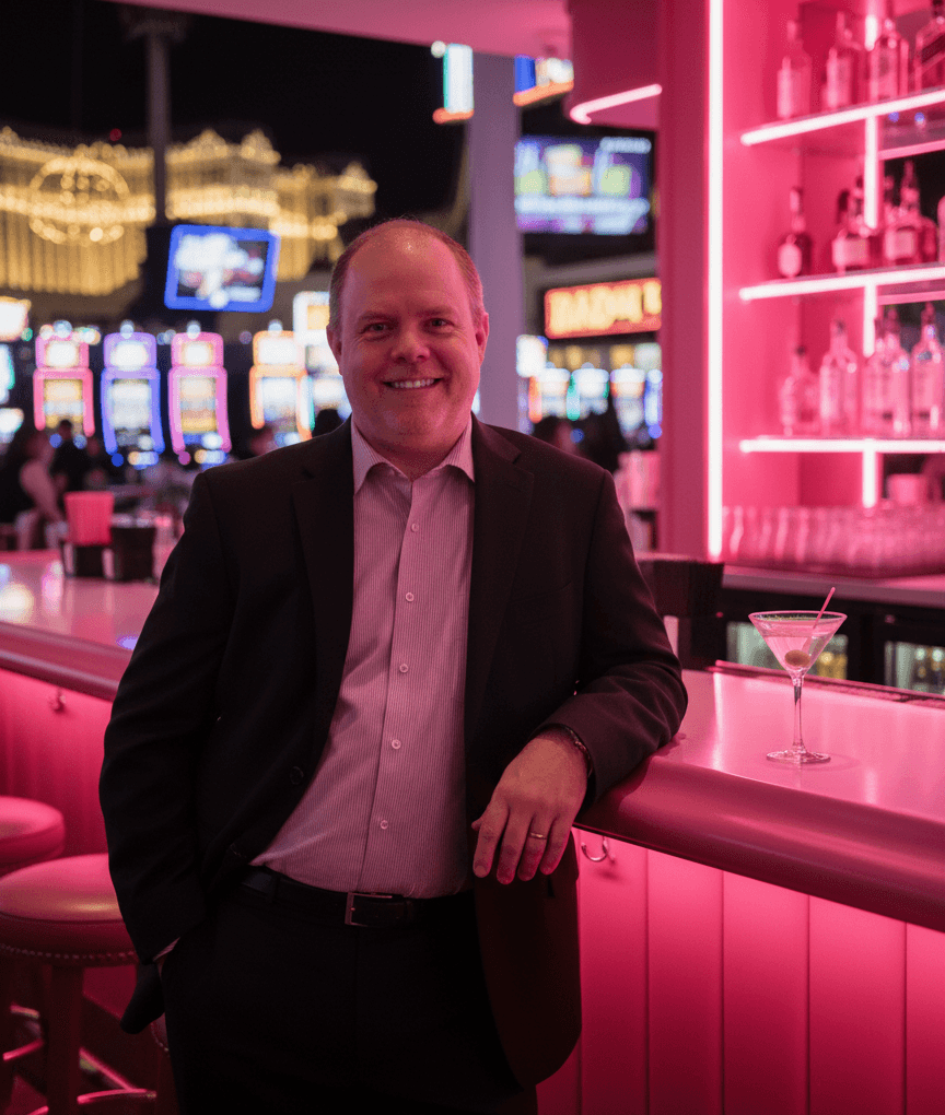 Casino Manager Sean Elliott standing in front of a magenta themed bar in a casino in Vegas